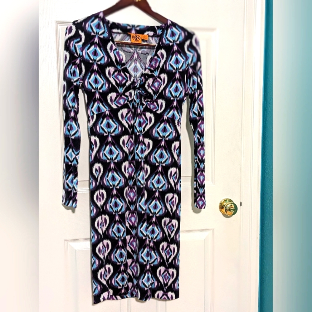 Tory Burch Black and Blue Geometric Long Sleeve Dress, XL